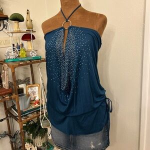 Vintage Y2K Sparkly Dark Teal Blue Halter Top w Silver O-Ring Accent by Symphony